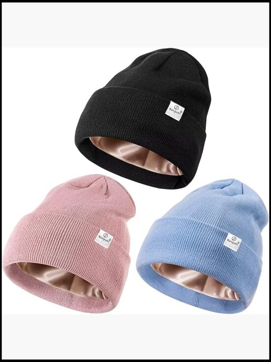 Satin Lined Winter Beanie Knit Soft Warm Cuffed Hat 3 Pack